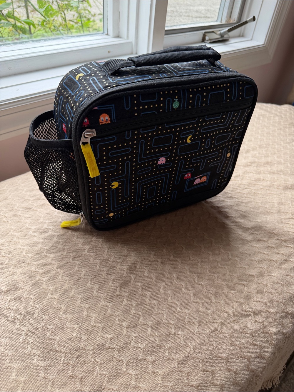 Pottery Barn Kids Black Pac-Man Patterned Lunch Bag with Yellow Accents